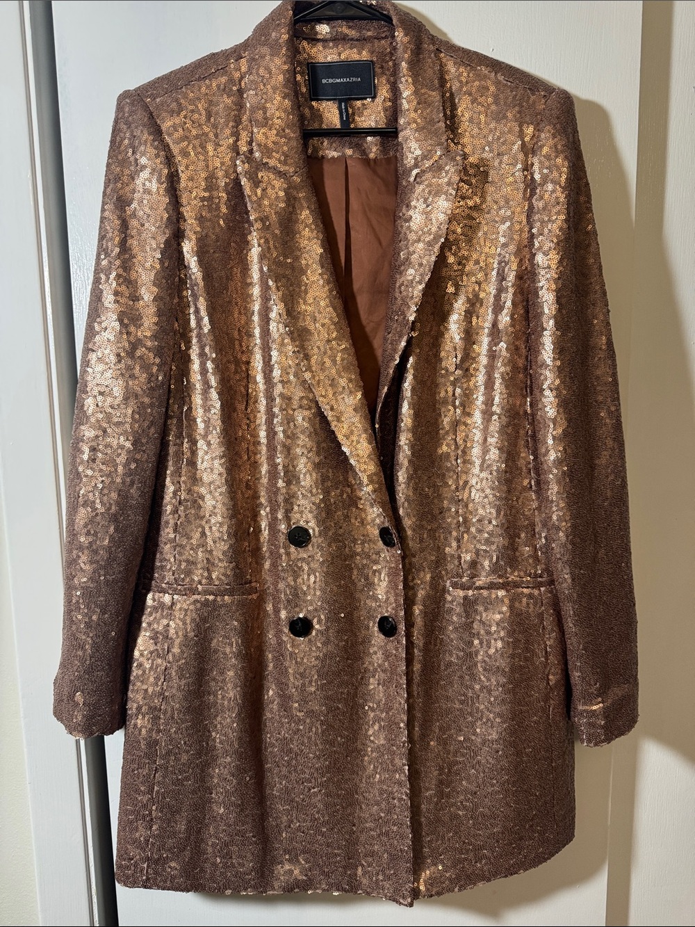 BCBG MAXAZRIA Sequined Champagne Double-Breasted Blazer Dress XL